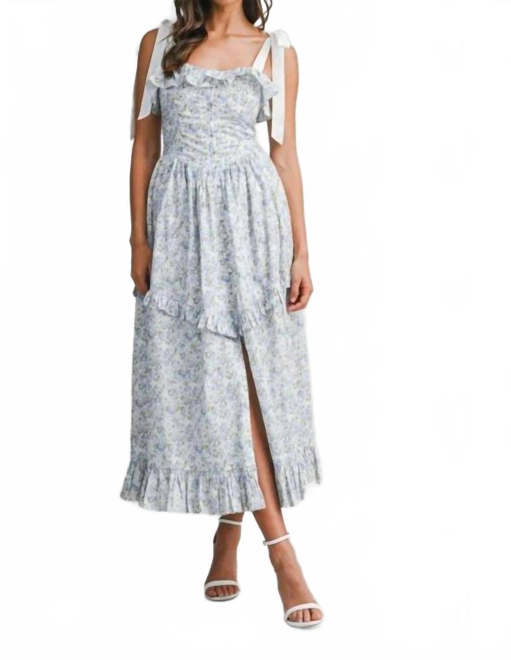 NEW MABLE floral printed contrast shoulder strap midi dress in lavender